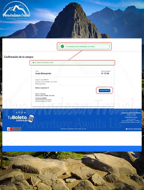 Confirmación de compra Machu Picchu